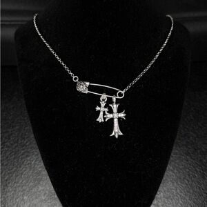 Chrome Hearts Floral Safety Pin With Floral cross Double Stack Pendant Necklace